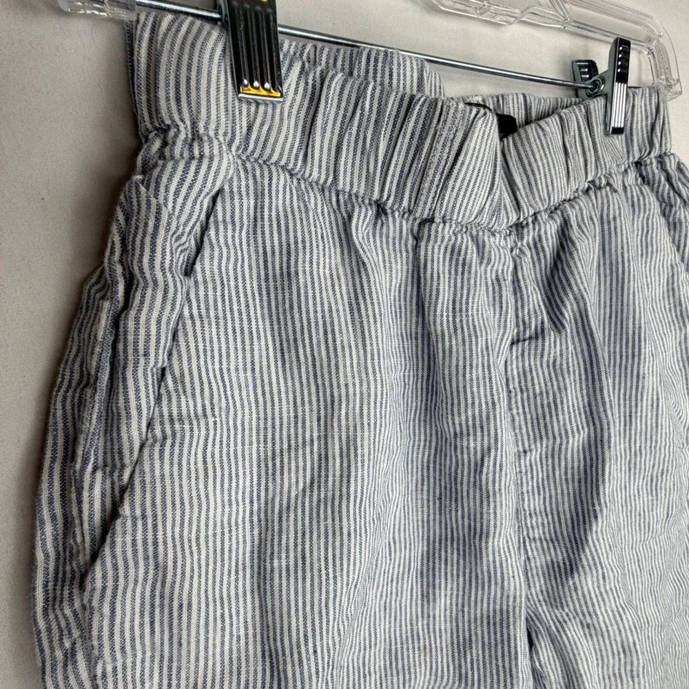 Quince Linen Pants XS Blue White Striped Elastic Waist Straight Leg Trousers